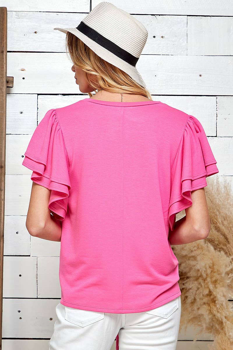 SPT5075. - WOMEN SOLID DOUBLE RUFFLED SLEEVE TOP W FRONT TIE SPT5075. - WOMEN SOLID DOUBLE RUFFLED SLEEVE TOP W FRONT TIE