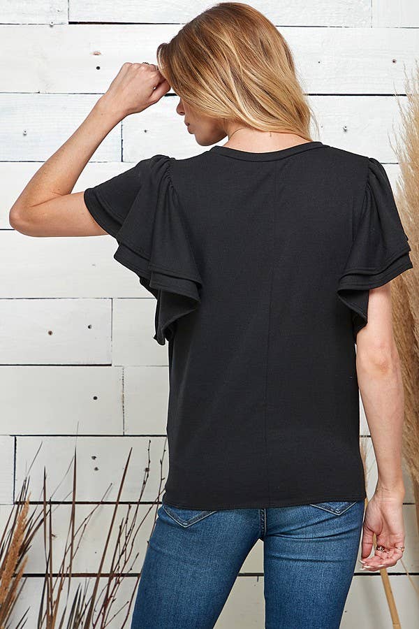 SPT5075. - WOMEN SOLID DOUBLE RUFFLED SLEEVE TOP W FRONT TIE SPT5075. - WOMEN SOLID DOUBLE RUFFLED SLEEVE TOP W FRONT TIE