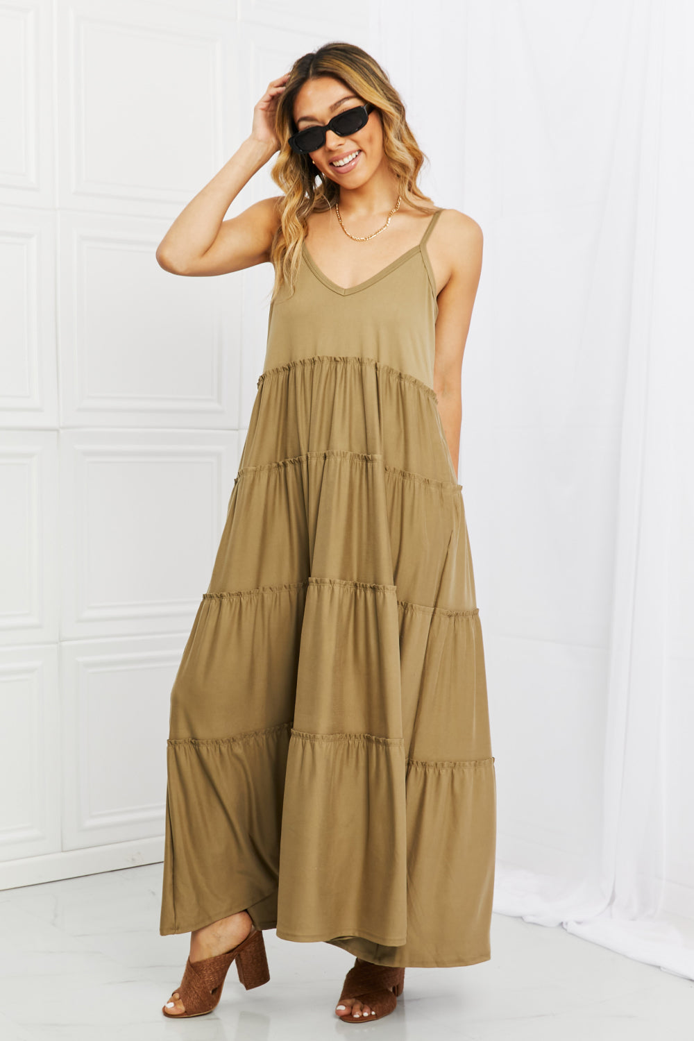Zenana Full Size Spaghetti Strap Tiered Dress with Pockets in Khaki Zenana Full Size Spaghetti Strap Tiered Dress with Pockets in Khaki