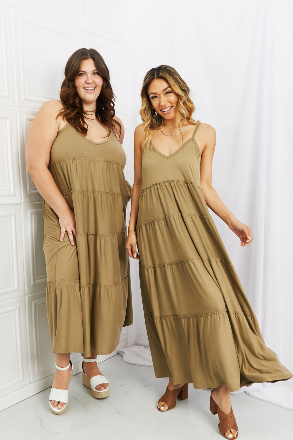 Zenana Full Size Spaghetti Strap Tiered Dress with Pockets in Khaki Zenana Full Size Spaghetti Strap Tiered Dress with Pockets in Khaki