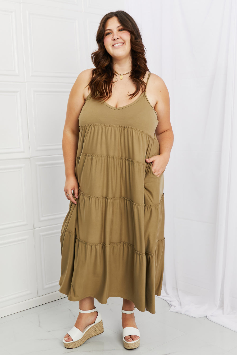 Zenana Full Size Spaghetti Strap Tiered Dress with Pockets in Khaki Zenana Full Size Spaghetti Strap Tiered Dress with Pockets in Khaki