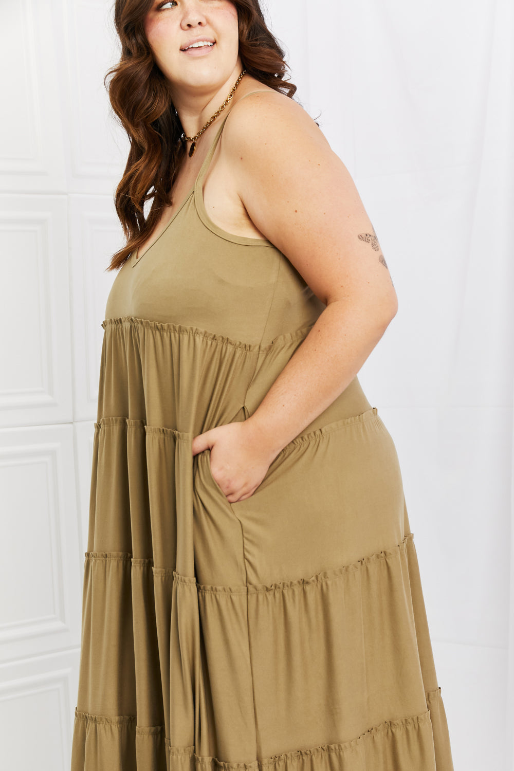 Zenana Full Size Spaghetti Strap Tiered Dress with Pockets in Khaki Zenana Full Size Spaghetti Strap Tiered Dress with Pockets in Khaki