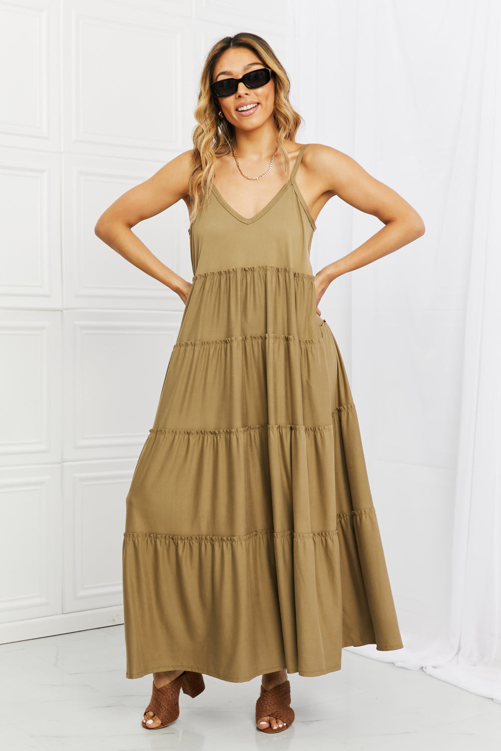 Zenana Full Size Spaghetti Strap Tiered Dress with Pockets in Khaki Zenana Full Size Spaghetti Strap Tiered Dress with Pockets in Khaki