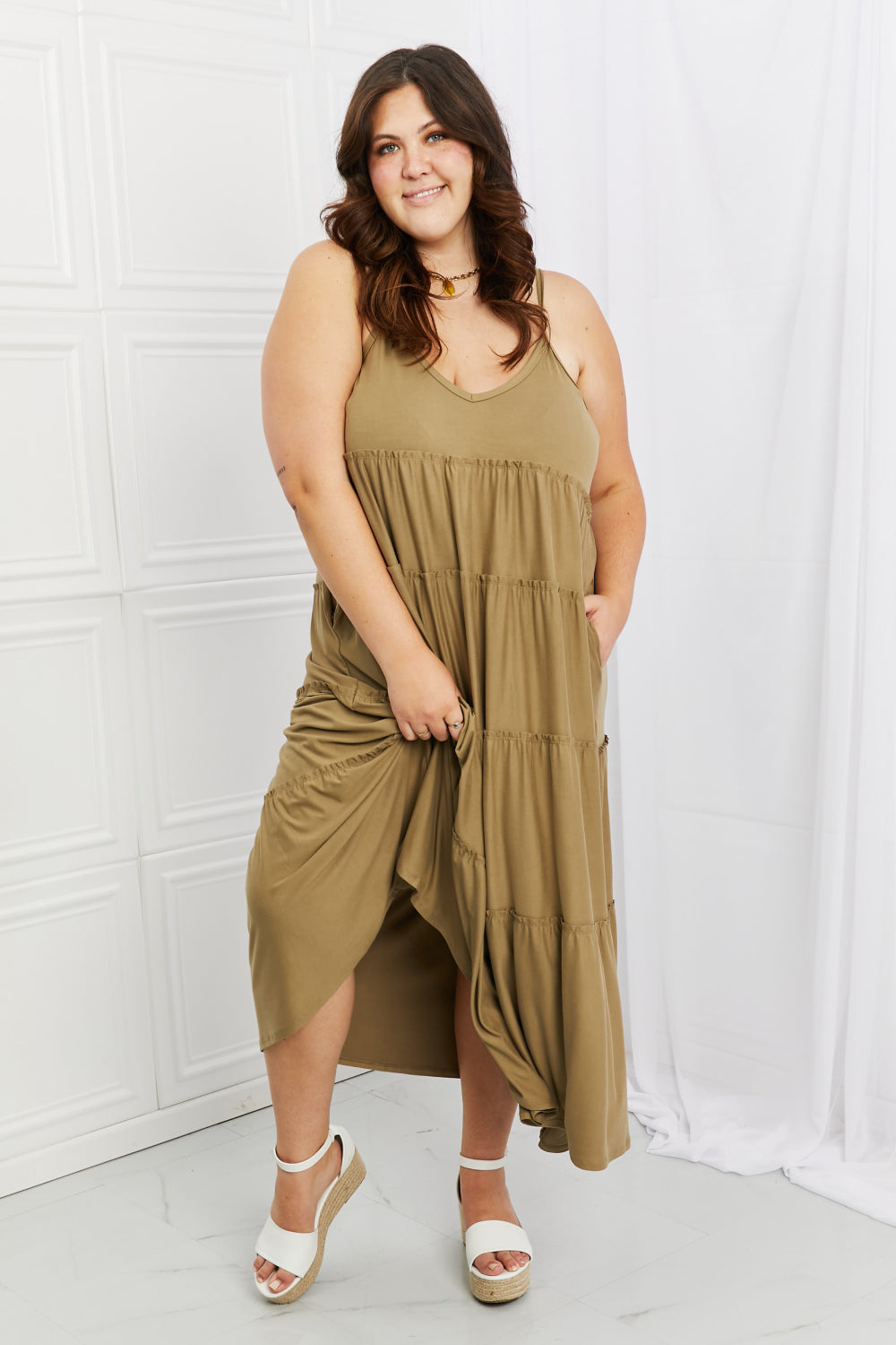 Zenana Full Size Spaghetti Strap Tiered Dress with Pockets in Khaki Zenana Full Size Spaghetti Strap Tiered Dress with Pockets in Khaki