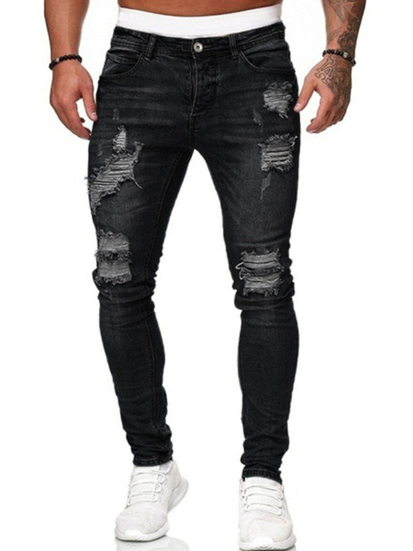 Men's Solid Color Ripped Stretch Skinny Distressed Jeans Men's Solid Color Ripped Stretch Skinny Distressed Jeans