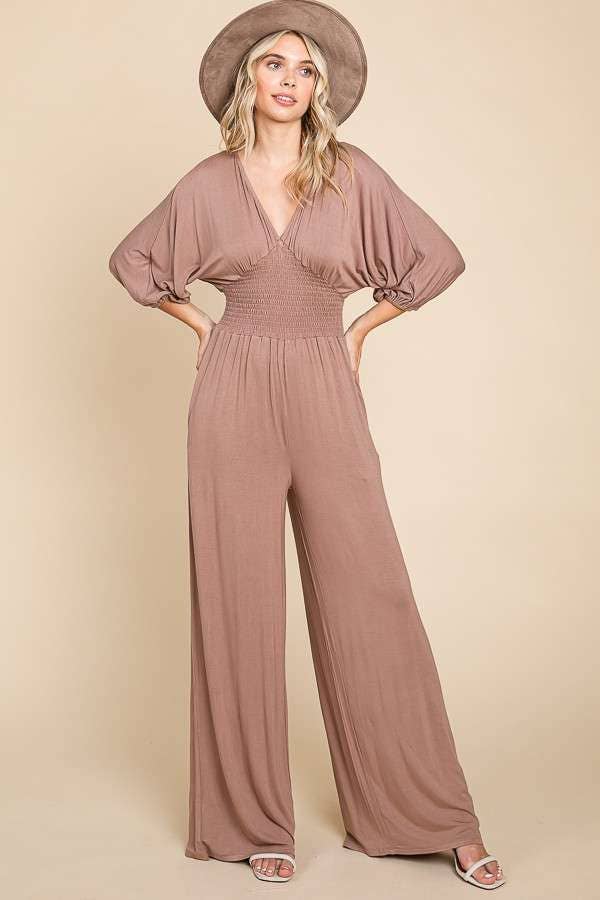 CAR1779Q-Smocking Waist Wide Jumpsuit
