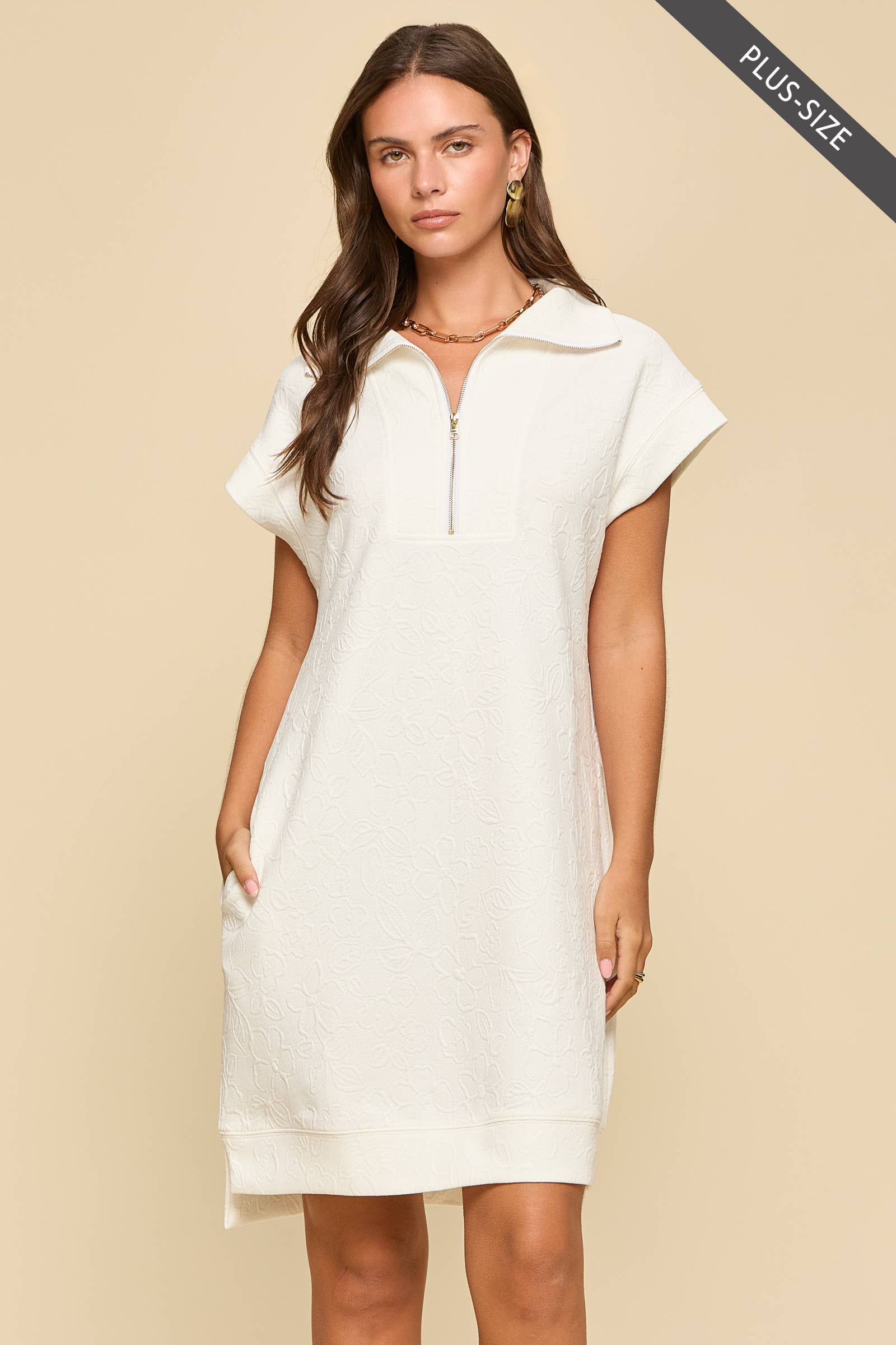 PLUS SIZE Half-Zip Jacquard Dress w/ Pockets