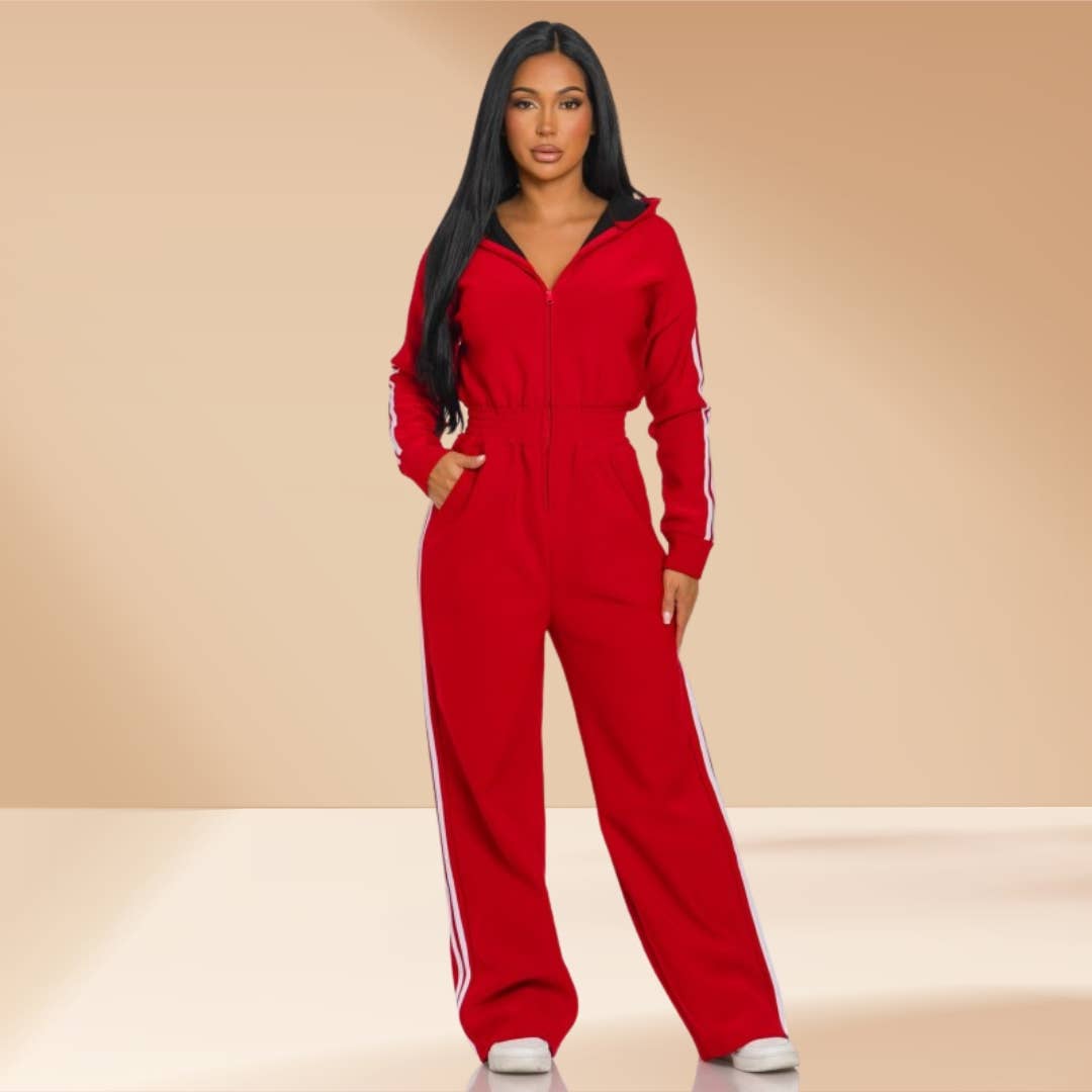 Jumpsuit Hooded Lined Fleece Side Stripes