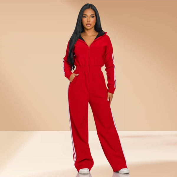 Jumpsuit Hooded Lined Fleece Side Stripes