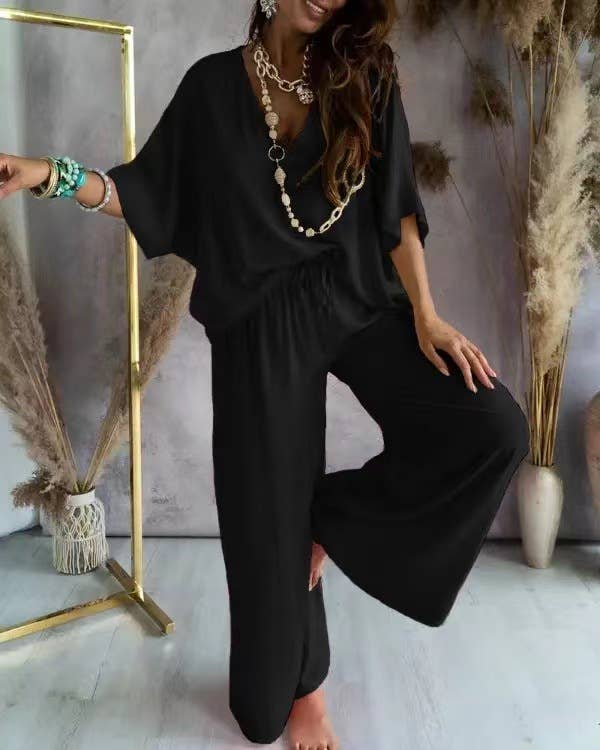 V-Neck Bat-Sleeve Casual Top Wide-Leg Pants Set