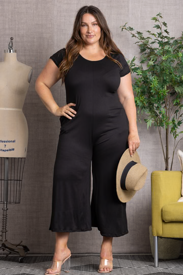 BLACK SHORT SLEEVES WIDE LEG PLUS SIZE JUMPSUIT 