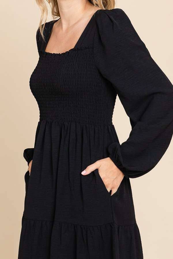 CWD1869L-Square Neck Smock Long Dress: L / BLACK