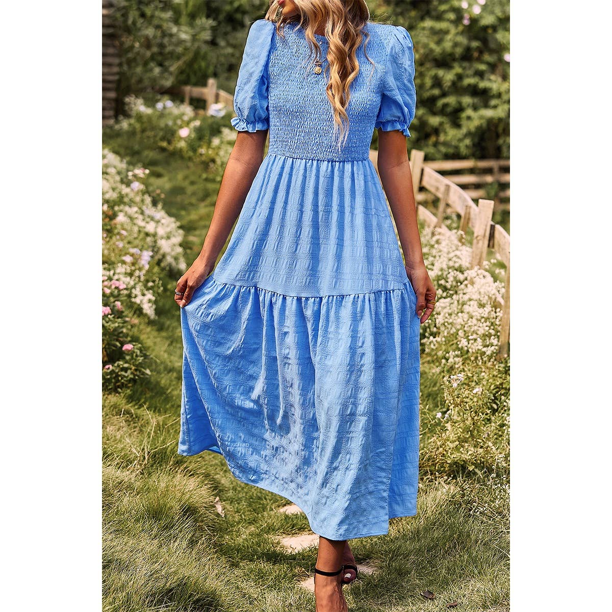 Pleated Tiered Solid Short Puff Sleeve A Line Dress