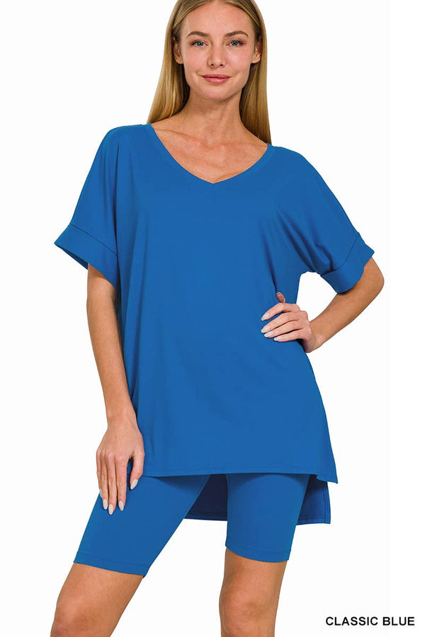 Brushed Dty Microfiber V-neck Top & Biker Shorts