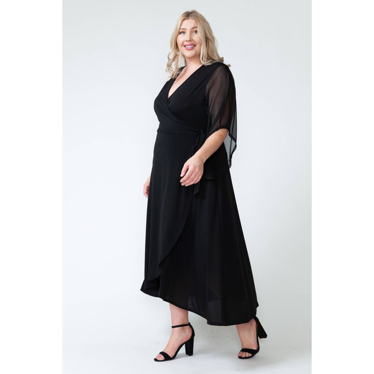 Plus Size Over Lap Mesh Maxi Dress: 1X / BLACK