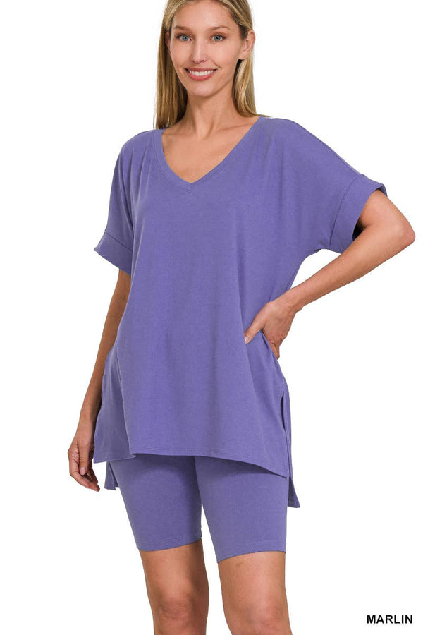 Brushed Dty Microfiber V-neck Top & Biker Shorts