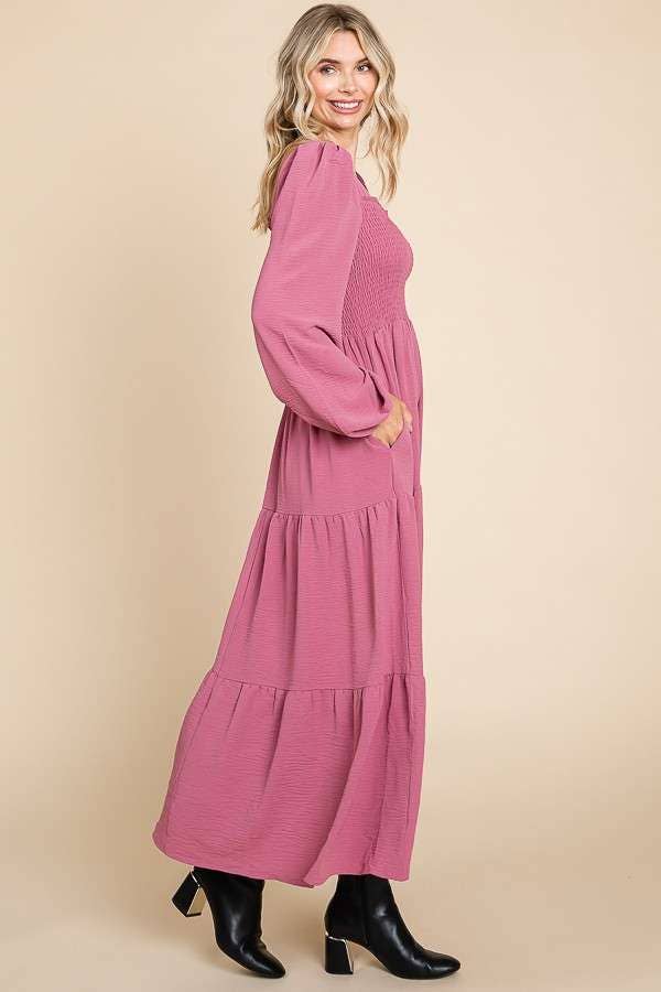CWD1869L-Square Neck Smock Long Dress: L / BLACK