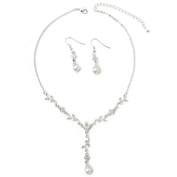 Faux Pearl Flower Leap Crystal Bridal Necklace Set