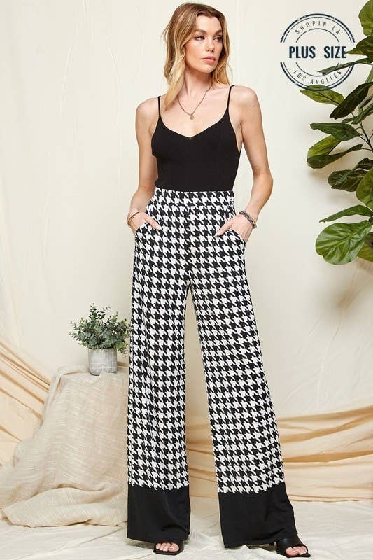 SPP8002AP - PLUS SIZE HOUNDSTOOTH PALAZZO HIGH WAISTED PANTS