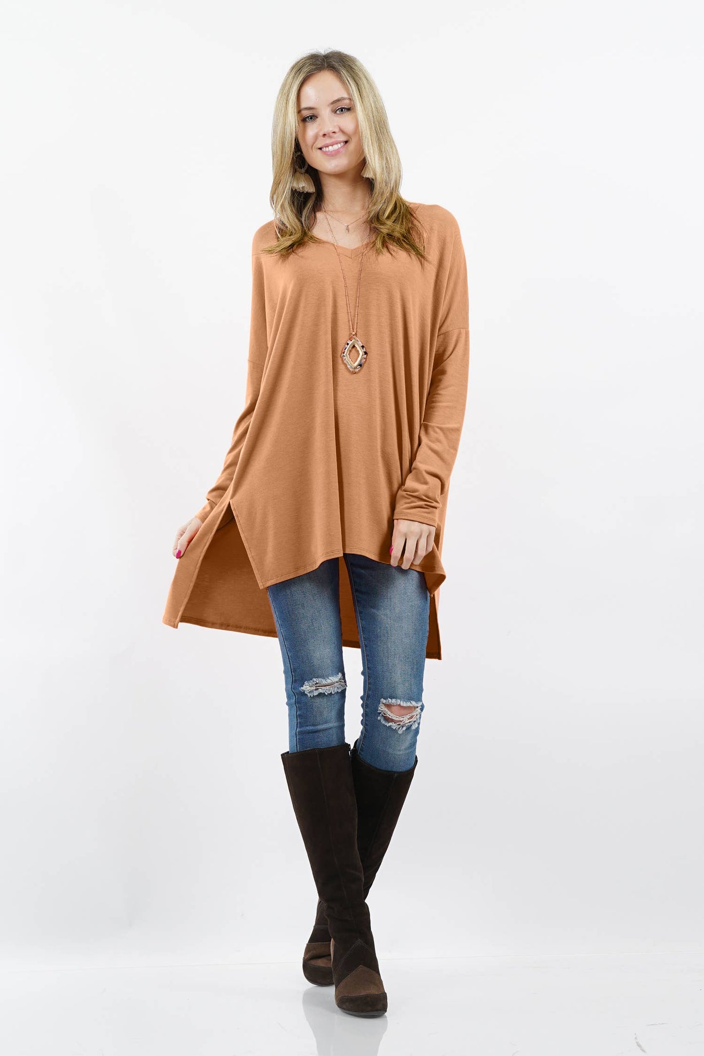 DOLMAN LONG SLEEVE V-NECK SIDE SLIT HI-LOW HEM TOP