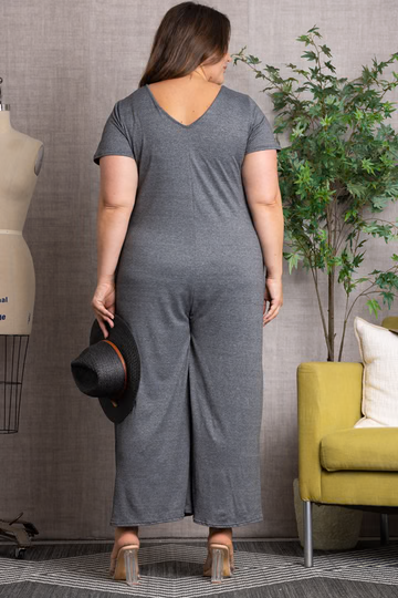 GREY SHORT SLEEVES WIDE LEG PLUS SIZE JUMPSUIT 
