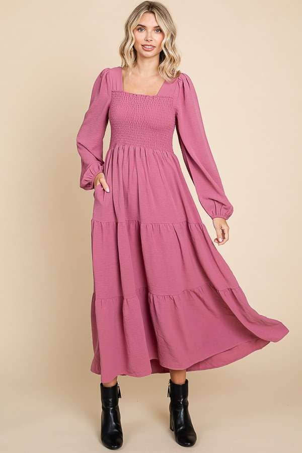 CWD1869L-Square Neck Smock Long Dress: L / BLACK