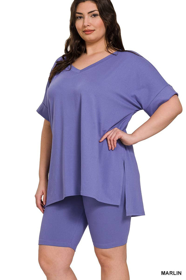 PLUS SIZE V-NCEK HI-LOW HEM TOP & BIKER SHORTS SET