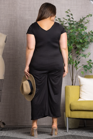 BLACK SHORT SLEEVES WIDE LEG PLUS SIZE JUMPSUIT 