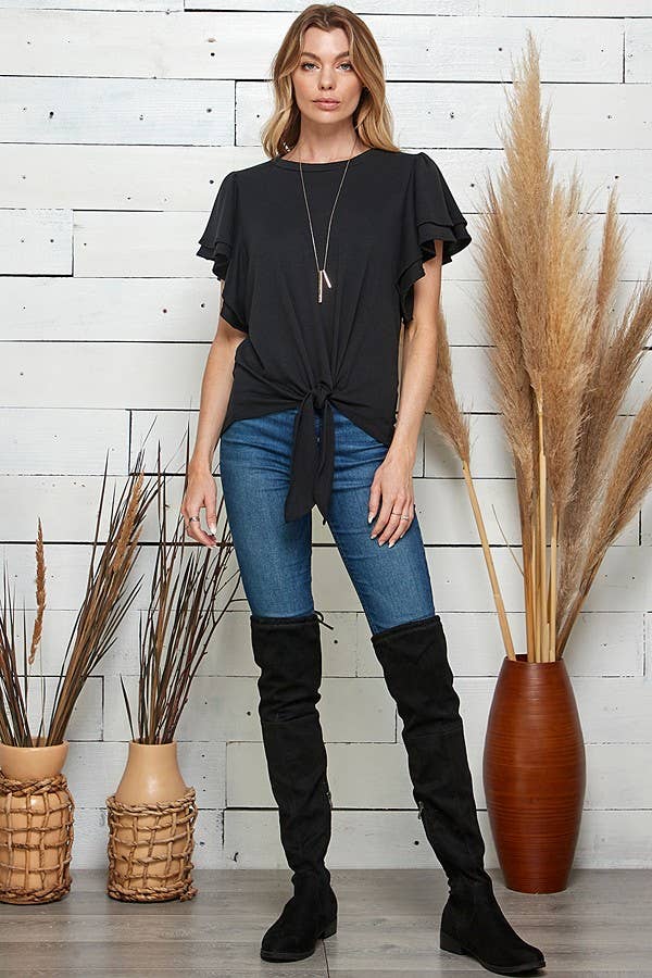 SPT5075. - WOMEN SOLID DOUBLE RUFFLED SLEEVE TOP W FRONT TIE