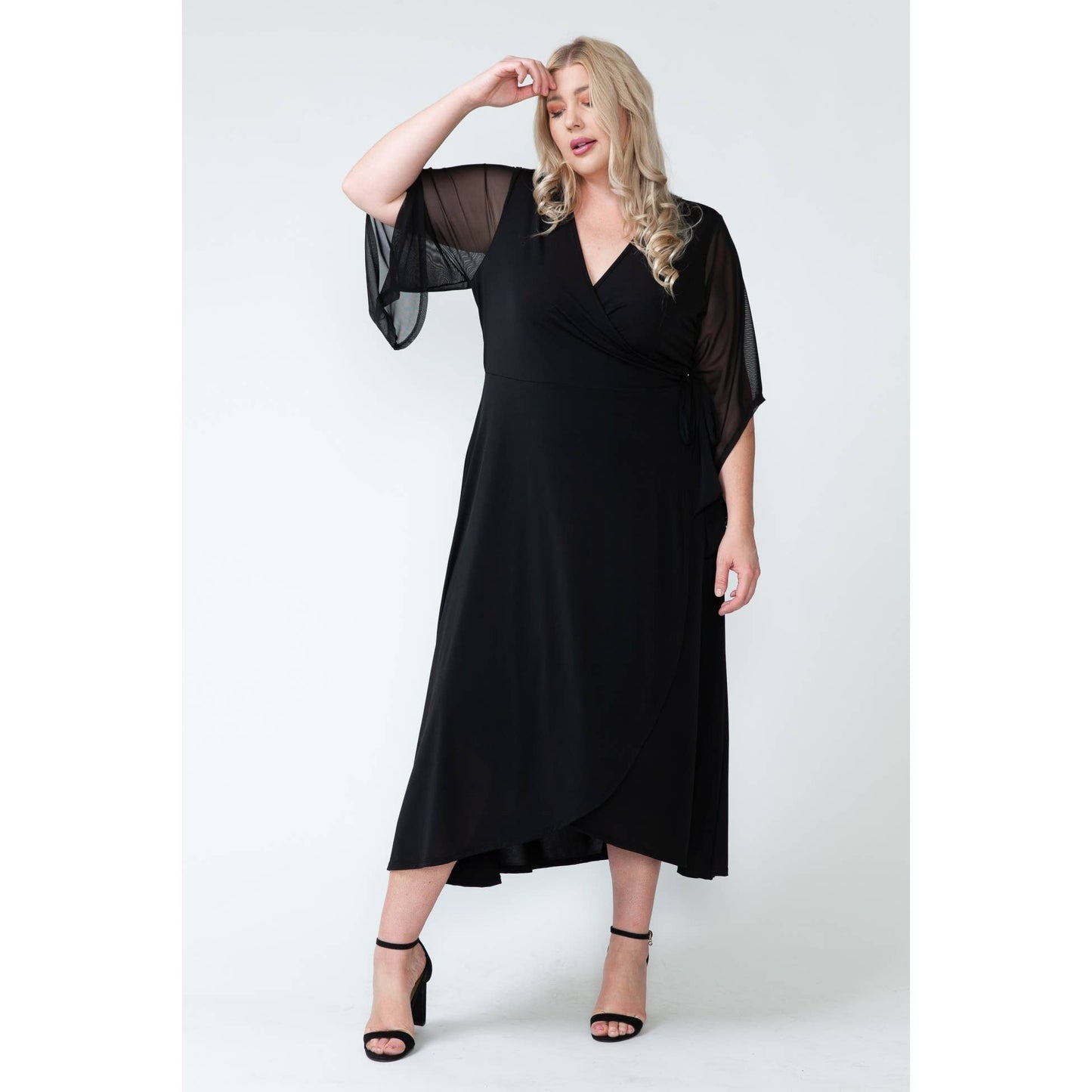 Plus Size Over Lap Mesh Maxi Dress: 1X / BLACK