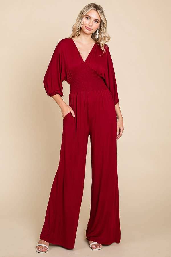 CAR1779Q-Smocking Waist Wide Jumpsuit