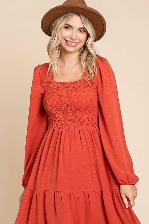 CWD1869L-Square Neck Smock Long Dress: S / MEDIUM ROSE