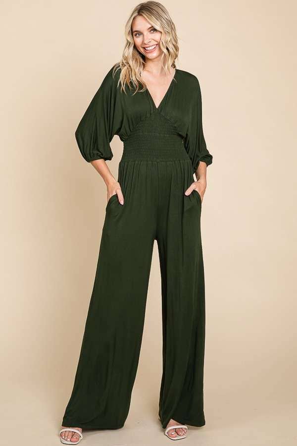 CAR1779Q-Smocking Waist Wide Jumpsuit