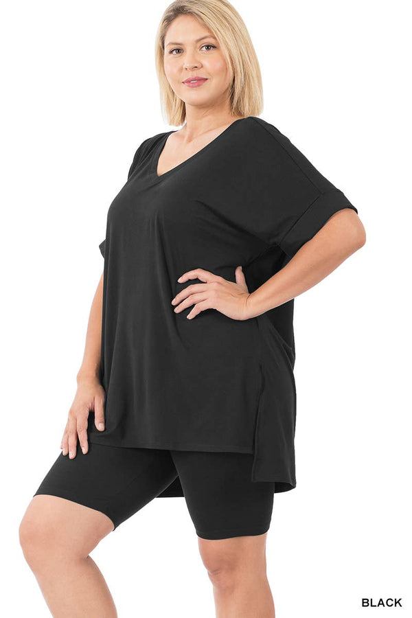 PLUS SIZE V-NCEK HI-LOW HEM TOP & BIKER SHORTS SET