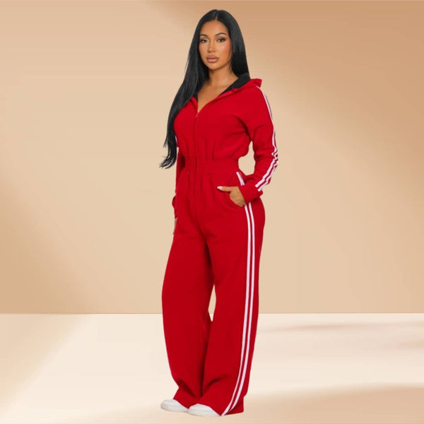 Jumpsuit Hooded Lined Fleece Side Stripes