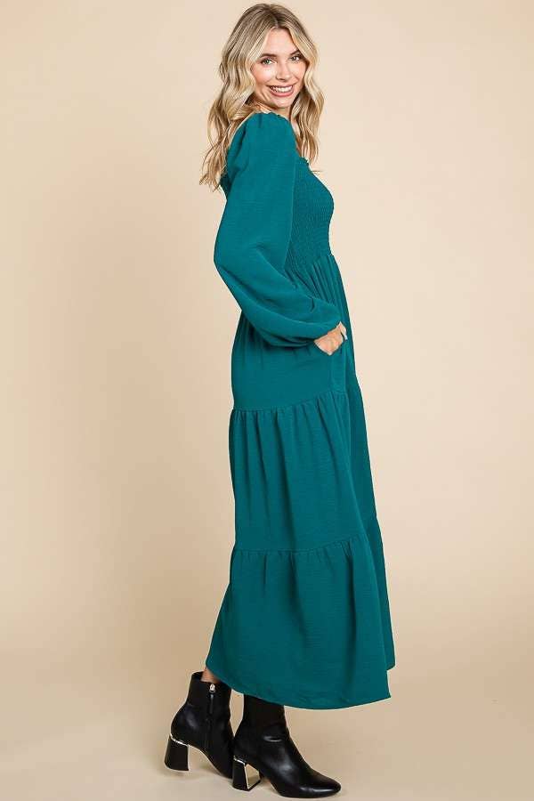 CWD1869L-Square Neck Smock Long Dress: L / BLACK