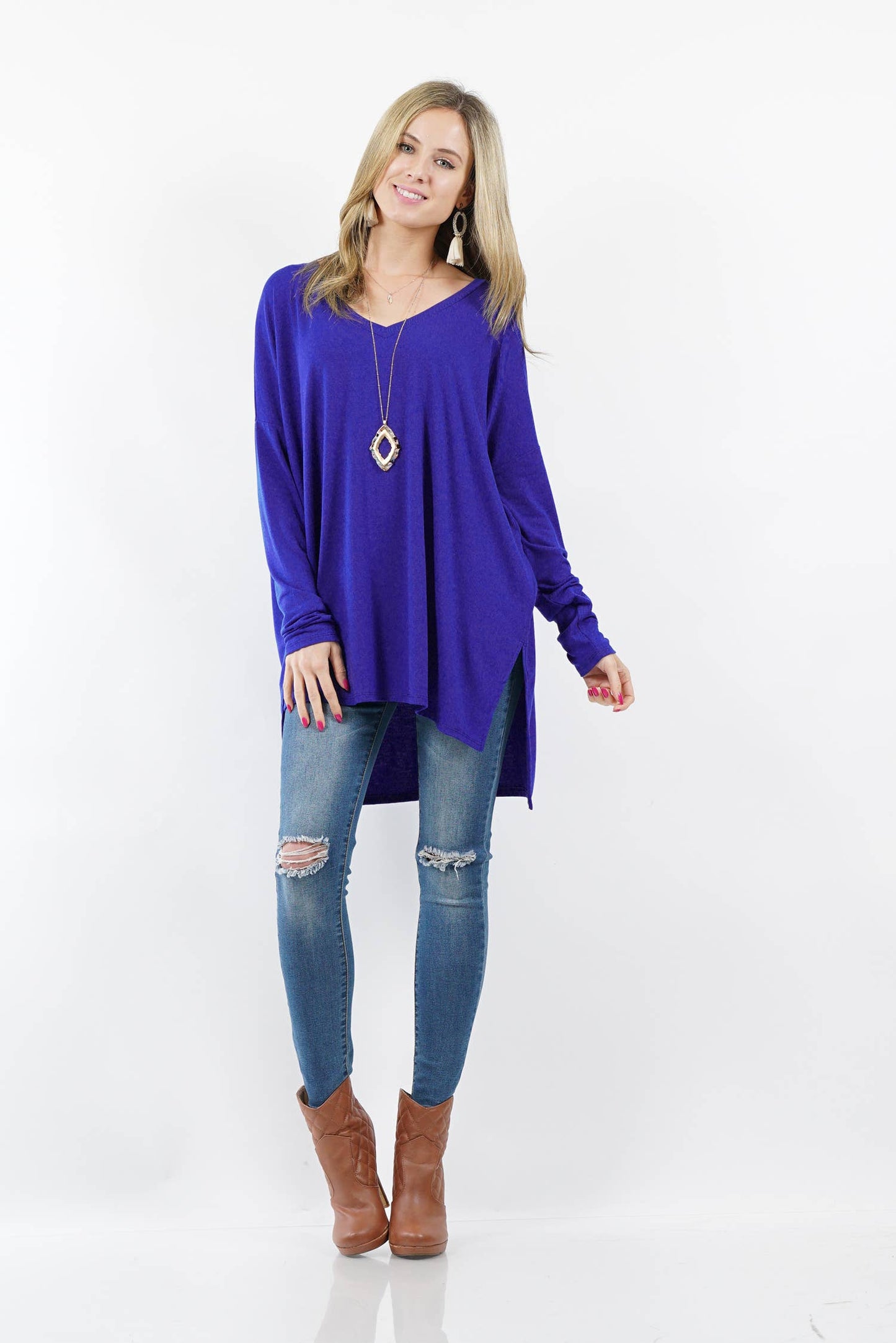 DOLMAN LONG SLEEVE V-NECK SIDE SLIT HI-LOW HEM TOP