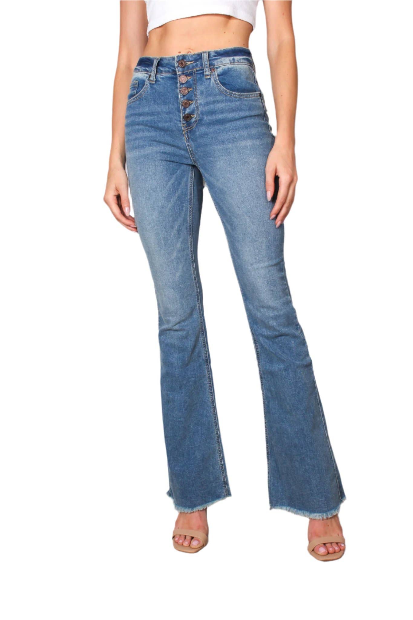 Women's High Waist Five Buttons Raw Hem Flare Jeans
