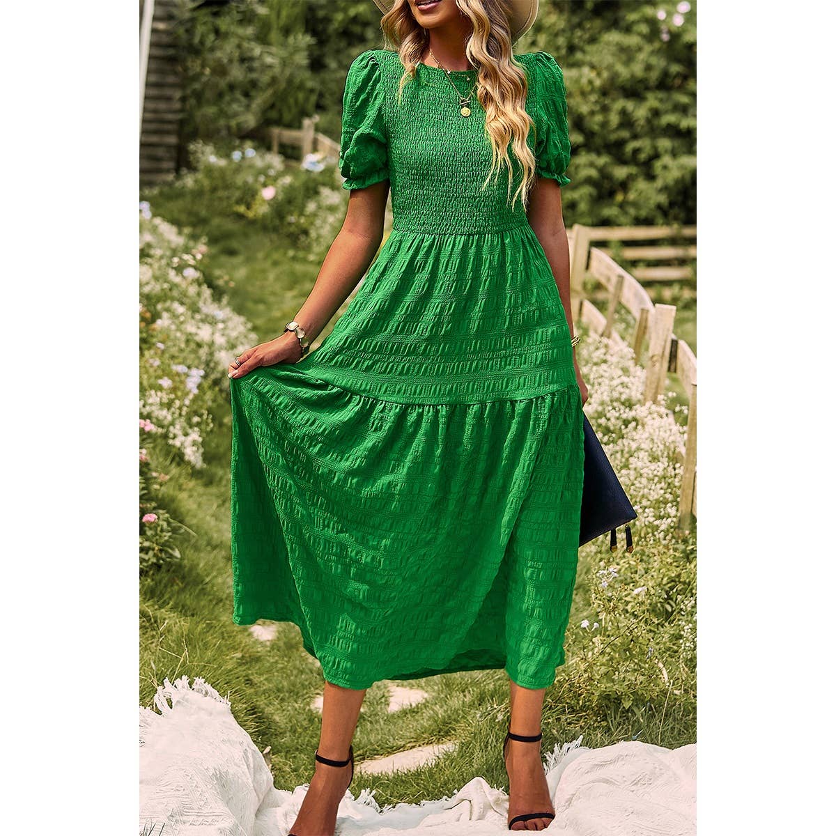 Pleated Tiered Solid Short Puff Sleeve A Line Dress