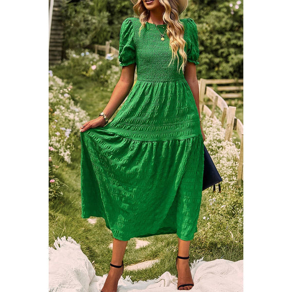 Pleated Tiered Solid Short Puff Sleeve A Line Dress