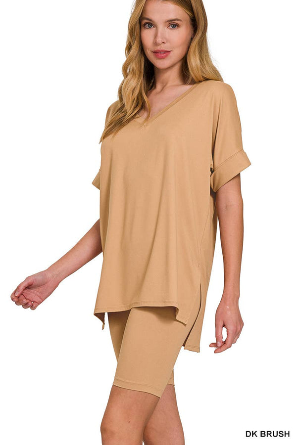 Brushed Dty Microfiber V-neck Top & Biker Shorts