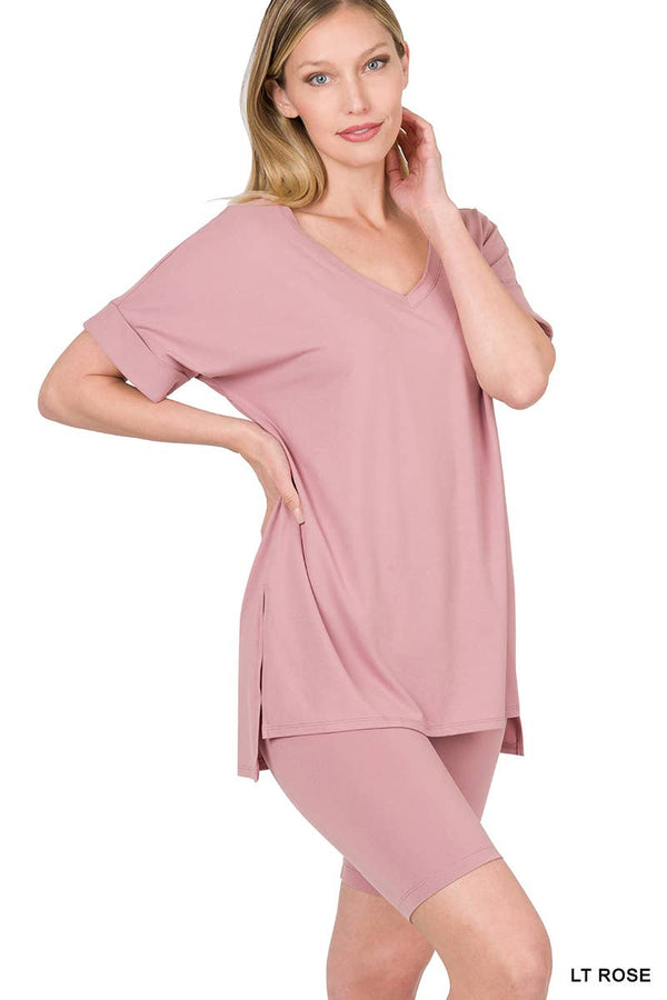 Brushed Dty Microfiber V-neck Top & Biker Shorts