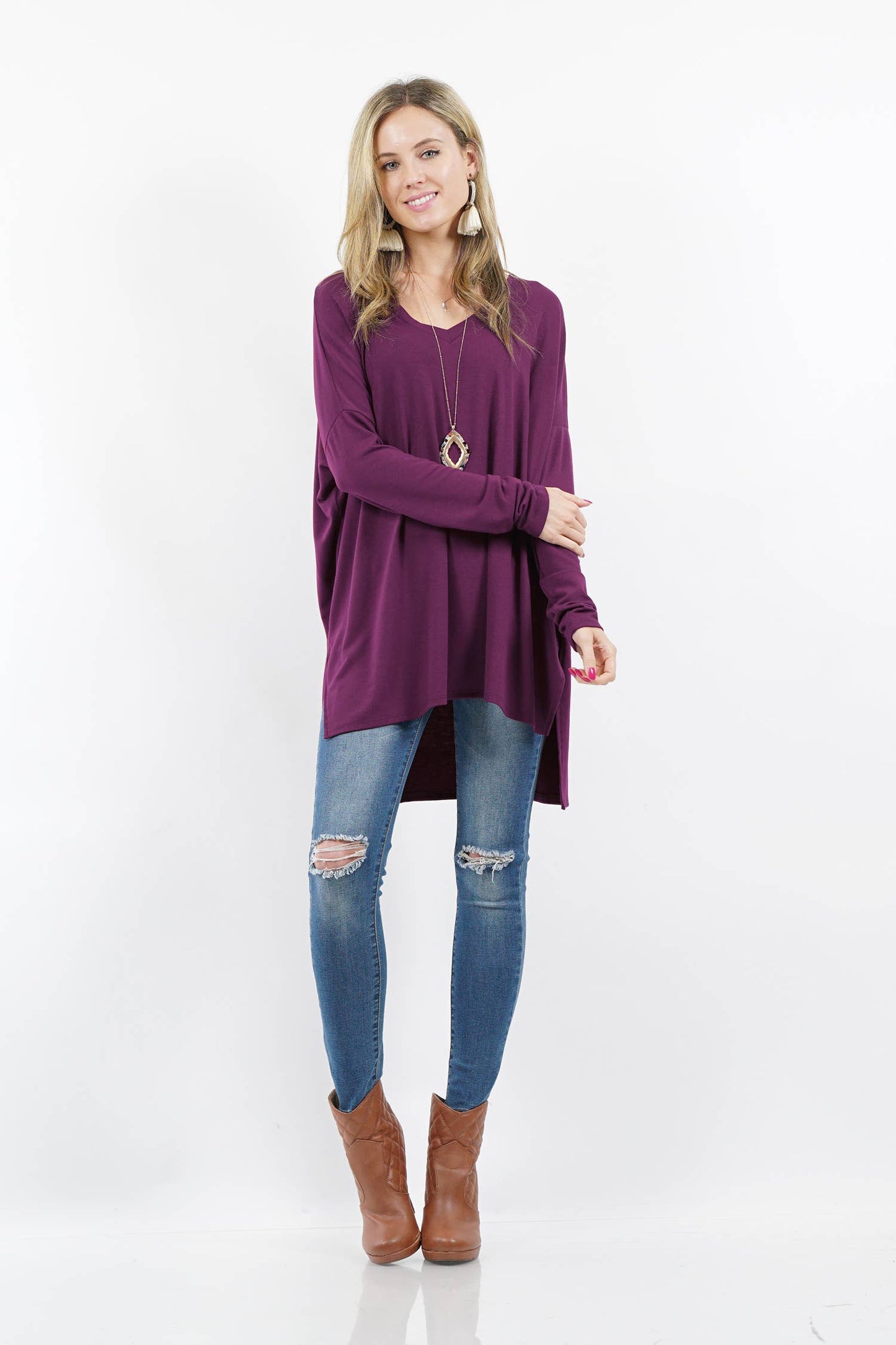 DOLMAN LONG SLEEVE V-NECK SIDE SLIT HI-LOW HEM TOP