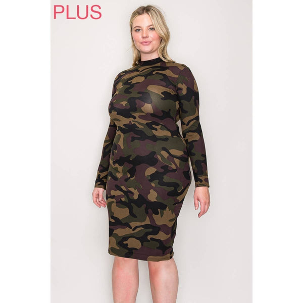 Plus Mock Neck Long Sleeve Printed Midi Dress