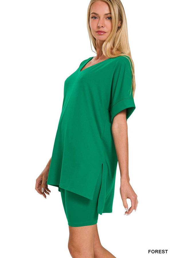 Brushed Dty Microfiber V-neck Top & Biker Shorts