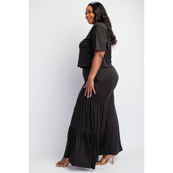 PLUS SIZE SHORT SLEEVE TOP AND WIDE TIERED LEG PANTS SET