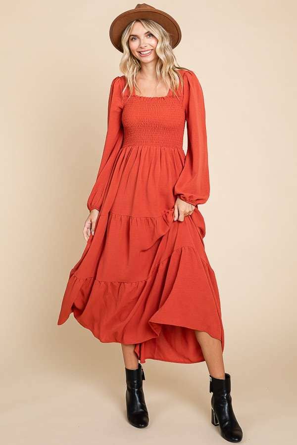 CWD1869L-Square Neck Smock Long Dress: S / MEDIUM ROSE