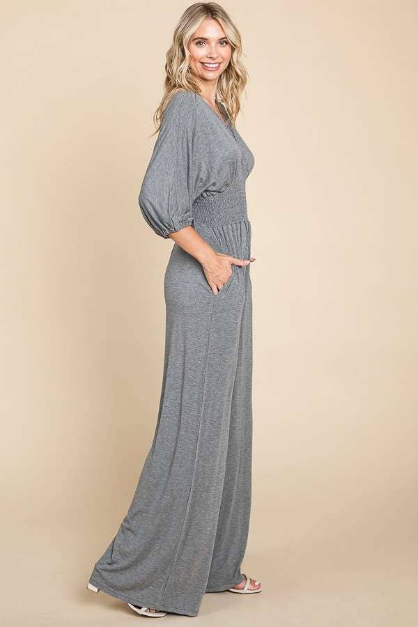 CAR1779Q-Smocking Waist Wide Jumpsuit