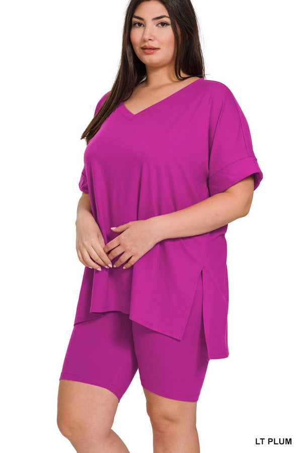 PLUS SIZE V-NCEK HI-LOW HEM TOP & BIKER SHORTS SET