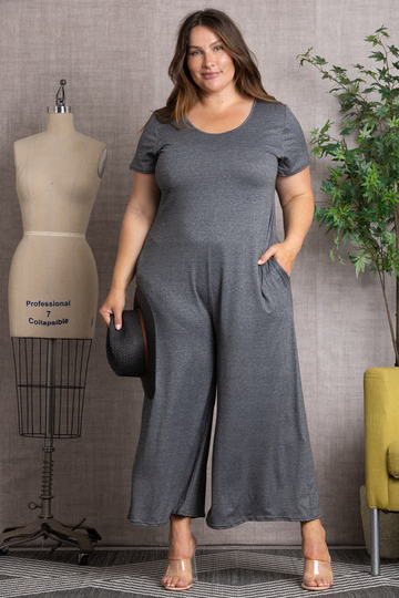 GREY SHORT SLEEVES WIDE LEG PLUS SIZE JUMPSUIT 